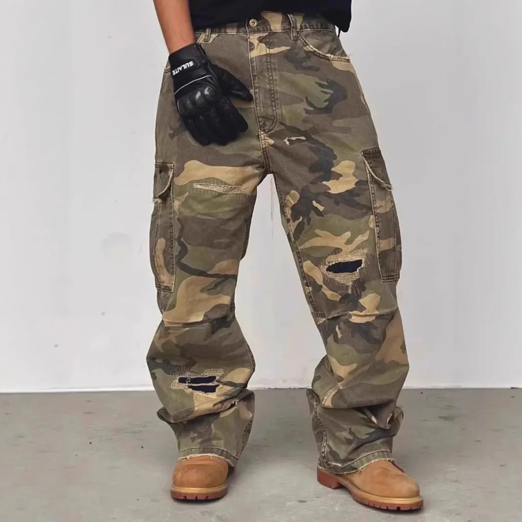 American Street Style Washed Camouflage Workwear Jeans Hole Straight Leg Spring Autumn Casual Cotton Trendy Long Pants