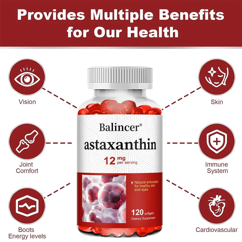 Astaxanthine 12 mg – Soutient la santé des yeux, la santé des articulations, la circulation interne, la santé de la peau, stimule l'immunité, améliore la digestion.