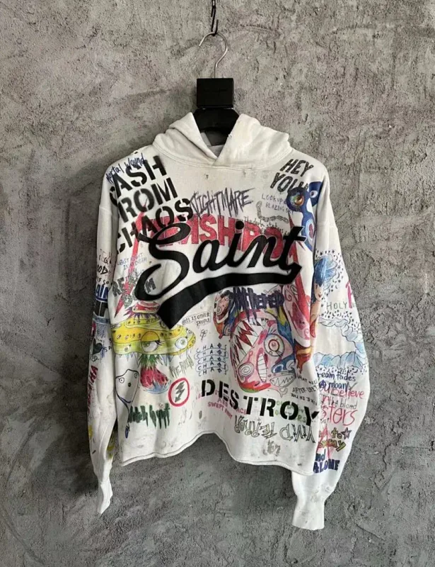26FW SAINT x Ber B J Co-brand Big Logo Printed Women Men Washed Hooded Sweatshirt Hoodies Vintage Distressed Men Casual Hoodie