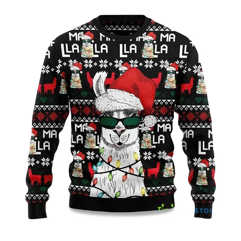 Jingle My Bells Ugly Christmas Sweater For Men Beer Party Print Santa Claus Pullover Sweatshirt Snowman Alpaca Pattern Sweater