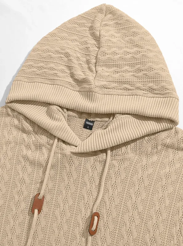 Men Thin Cable Knit Hooded Sweatshirt Drawstring Hood Kangaroo Pocket Long Sleeve Loose Casual Pullover Autumn Daily Street Tops