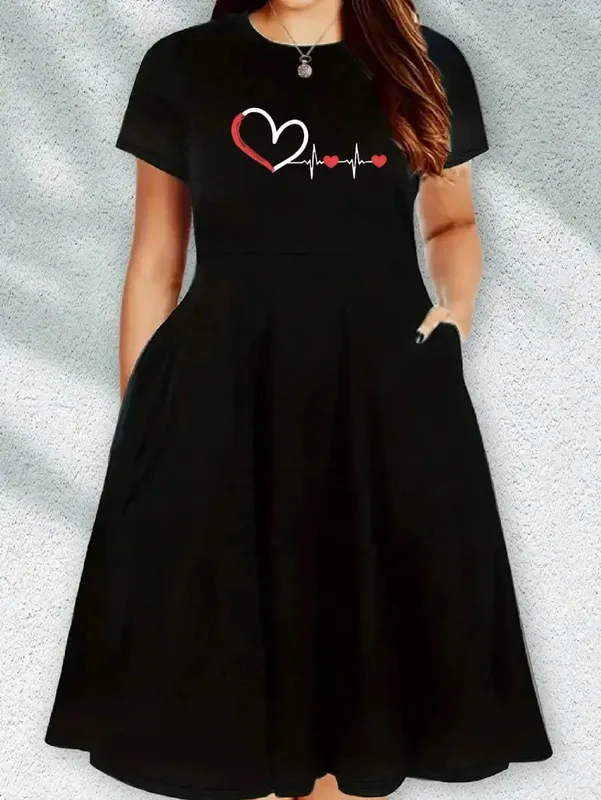 2026 Women's Four Seasons Love at First Sight Heartbeat Printed Casual Loose Black Short Sleeved Large Short Skirt Dress