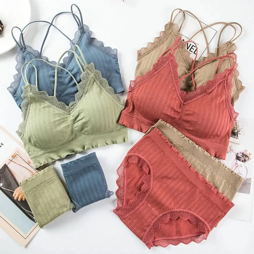 1Set Casual Lace Women Seamless Bra Set with Bra Pads V-Neck Lingerie Set Breathable Comfortable Sport Brassiere — image 3
