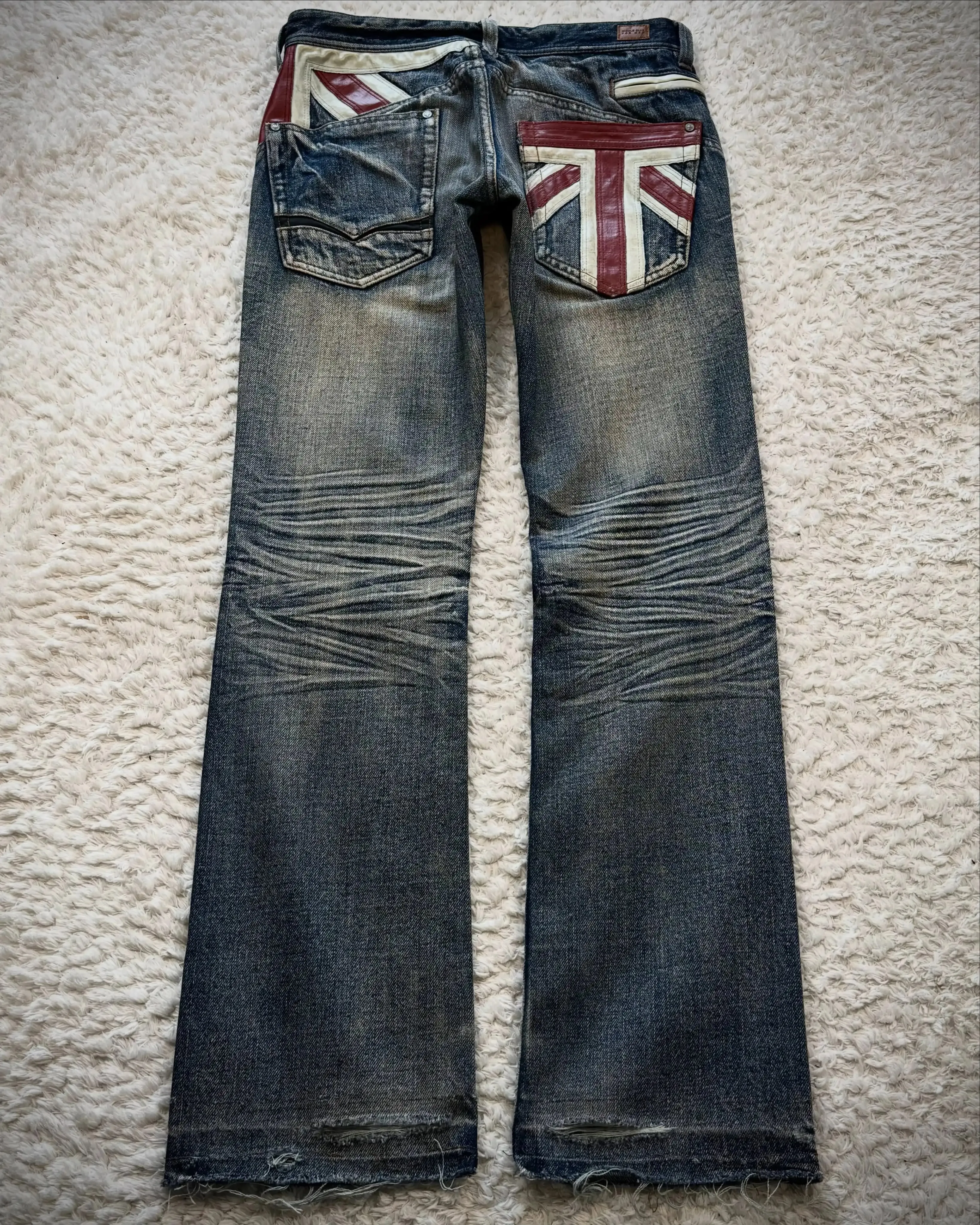 Vintage French Flag Pocket Patchwork Men's Jeans Y2K Low Waisted Straight Leg Blue Washed Denim Pants Women Casual Street Jeans