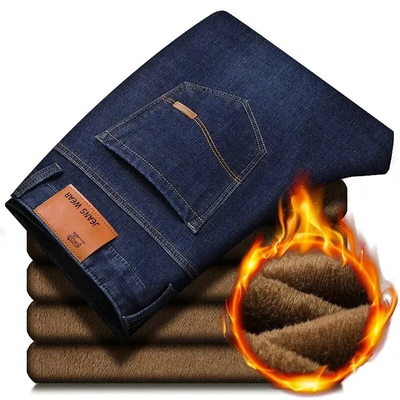 Men's Reflective Fleece-Lined Jeans - Thick Warm Lining Durable Denim & Reflective Trim Safe for Winter Night Commute & Casual