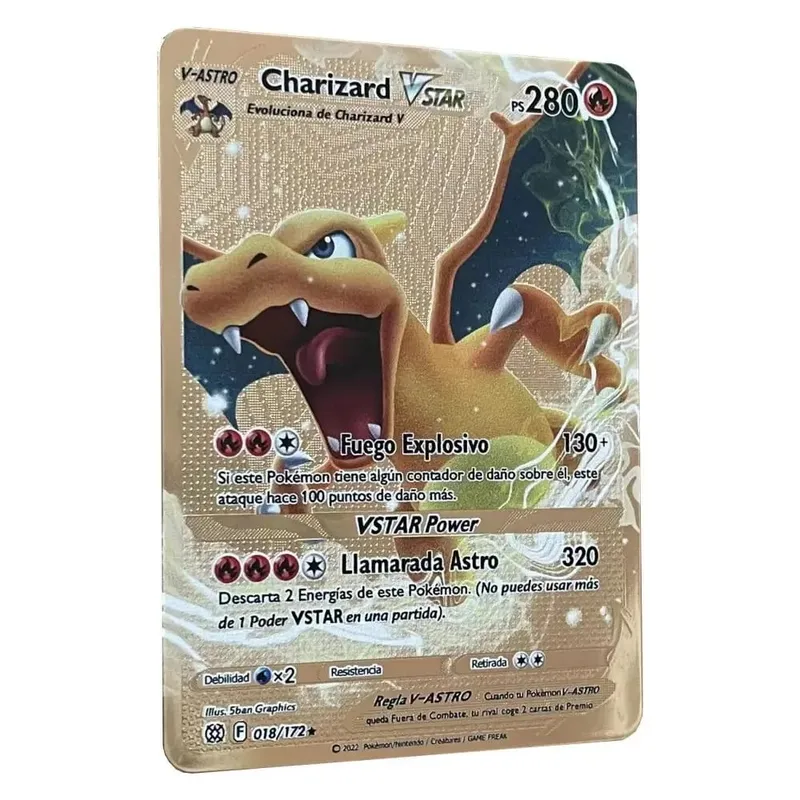 Pokemon Metal Cards in Spanish Pikachu Arceus Charizard DIY Trading Flash Card Anime Cartoon Gift