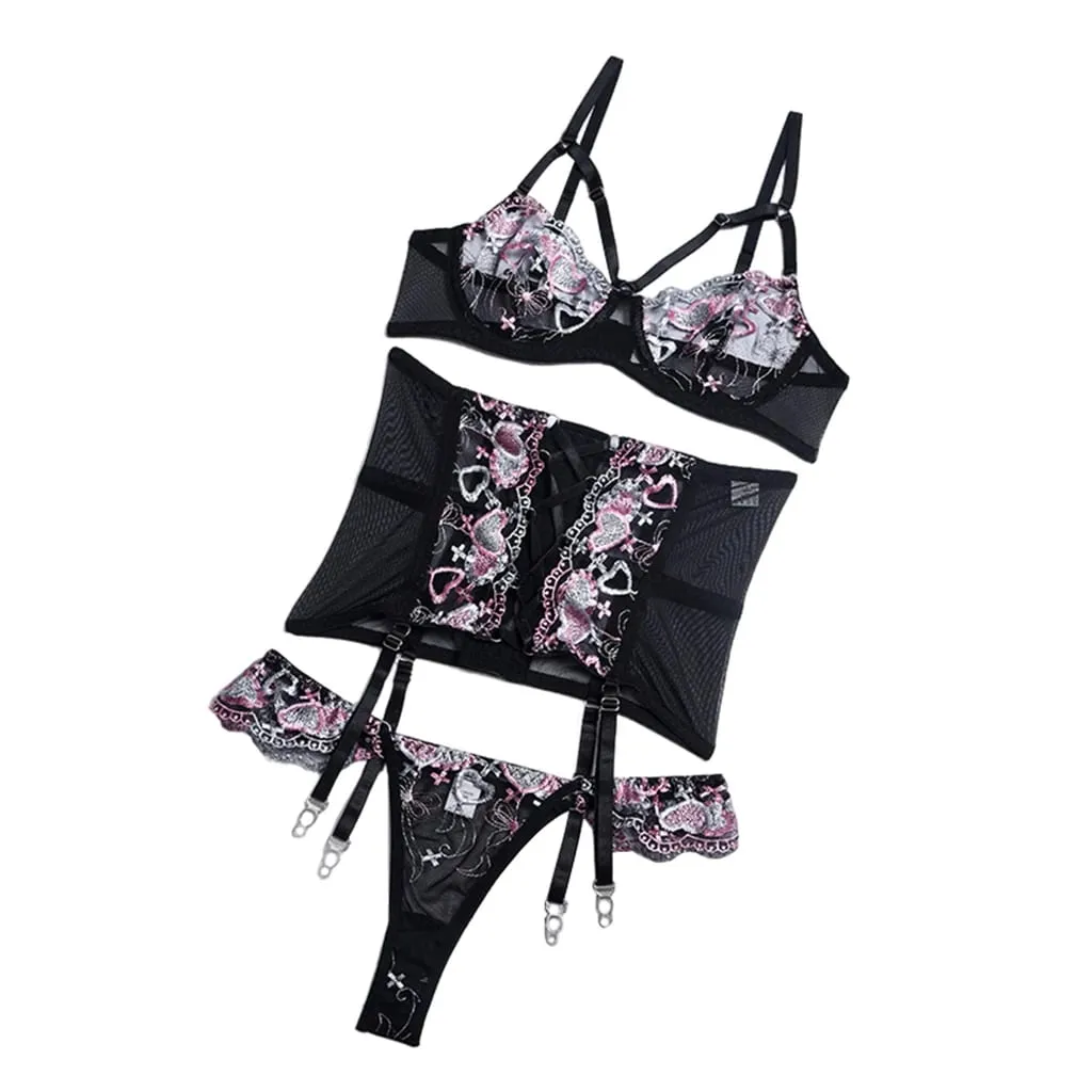 Adults Lingerie Set for Women Bra and Panty Set with Briefs 3 Piece Lace Bodysuit Underwear Adjustable Strap Breast Lace Bra