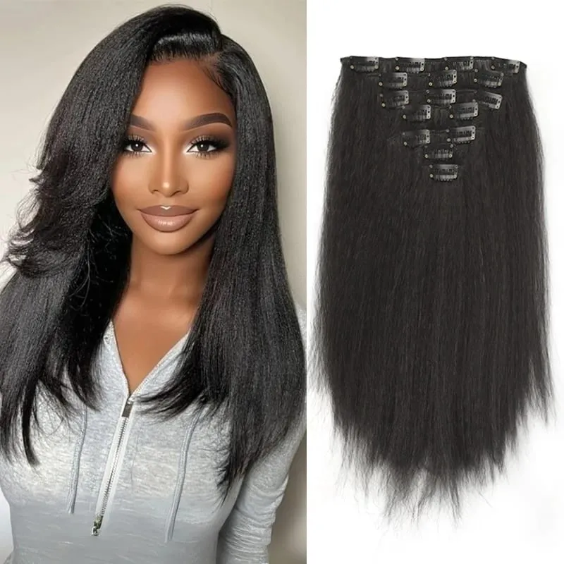 7Pcs Clip in Hair Extensions Wig Synthetic Black Yaki Straight Hair Extensions with BB Clip Fluffy Hairpiece for Women Daily Use — image 2