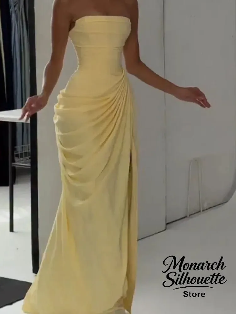 Elegant Yellow Strapless Pleated Long Dress Women Chic Solid Sleeveless Waist Cinching Split Gown 2026 Lady Evening Party Robes — image 5