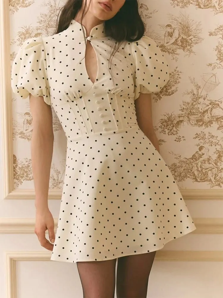 Retro Polka Dot Mini A-line Dress Women Elegant Stand Collar Puff Short Sleeve Waist-cinching Dresses Lady Party Robe 2026 New