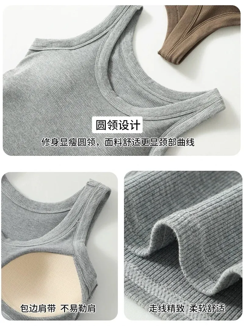 New Women Solid Round Neck Ribbed Tank Top Camisole Women Summer Basic Elastic TankTop One-piece Vest with Chest Pad Y2k