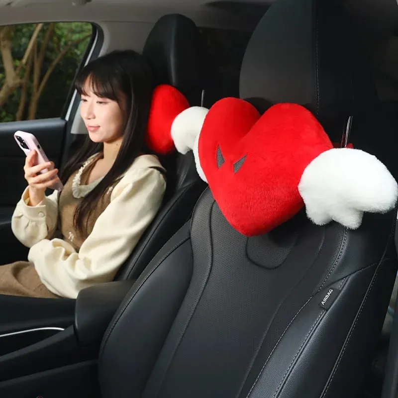 28x58cm 2Pcs Cute Heart‑Shaped Car Headrest Pillow With Angel Wings Soft Plush Auto Neck Support Cushion Car Seat Head Pillow — image 3