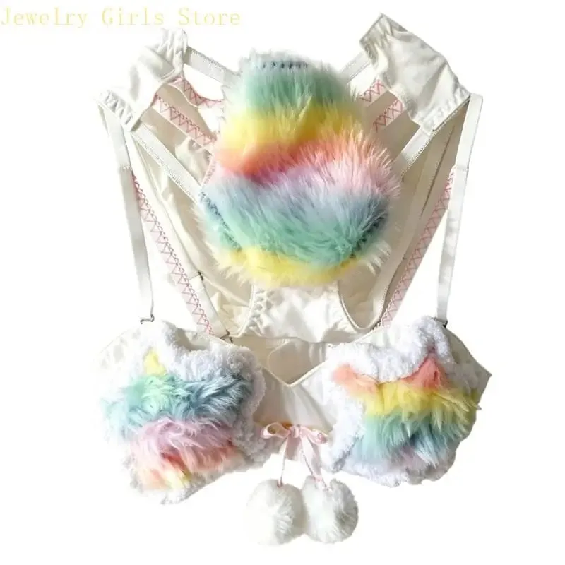 Aesthetic Rainbow Star Plush Bra and Panty Set for Women Brassiere Lingerie Furry Underwear Anime Cosplay Outfit 2 Piece