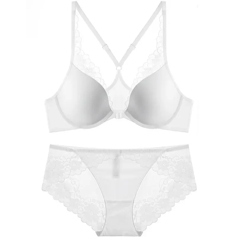 high quality sexy women bras and brief two piece set front closed push up lace A B C cup wire summer lingerie underwear black