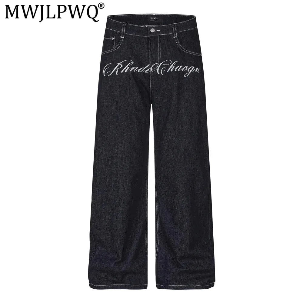 Men's Jeans High Street Trendy Vibe Workwear Letter Floral Embroidery Unique Loose Wide-Leg Trousers 2026 Autumn 17559