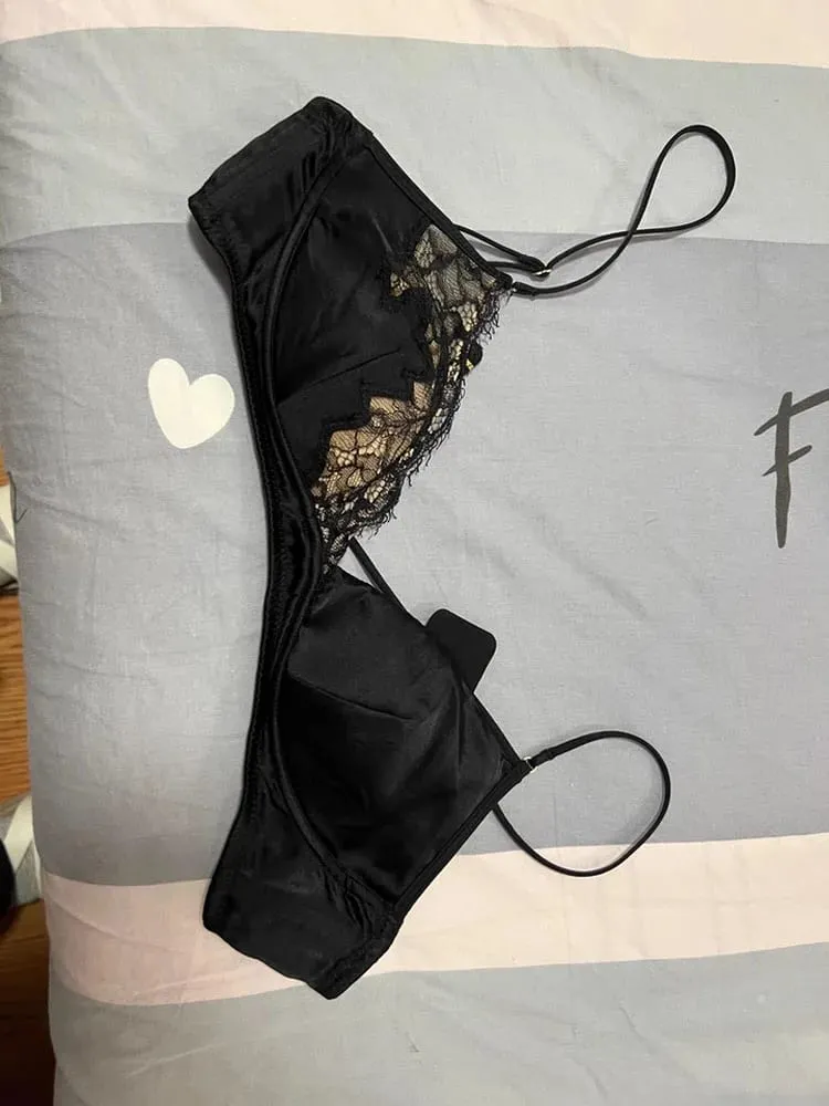 Francouzský styl krajková podprsenka Bralette Malá prsa Bez kostic Trojúhelníkový košíček Tenký ramínko Sexy sada spodního prádla Push Up Dámské spodní prádlo