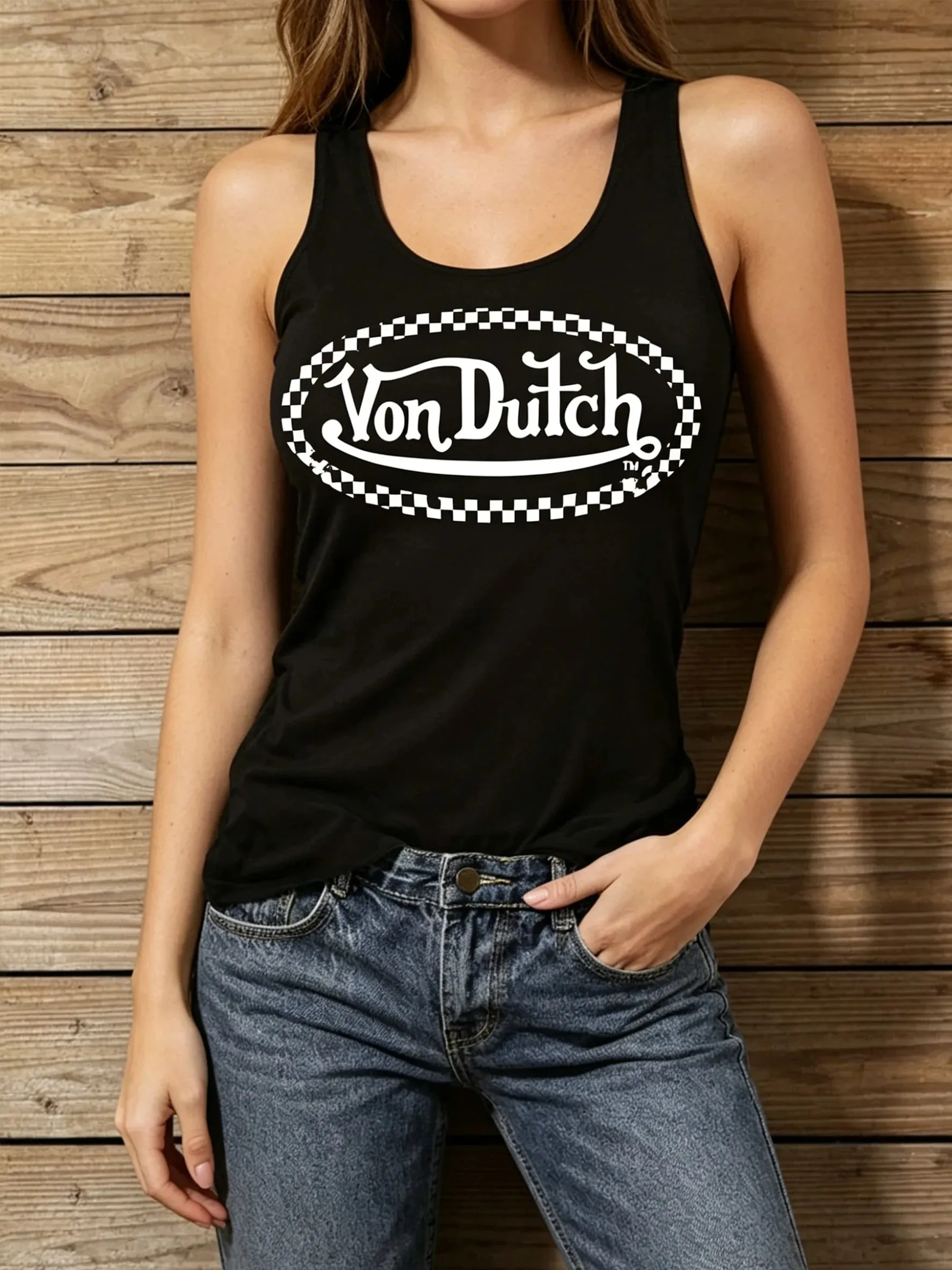 Women's Y2K American Street Retro-Style Checkered Border Printed Casual Tank Top for Summer Sports Use