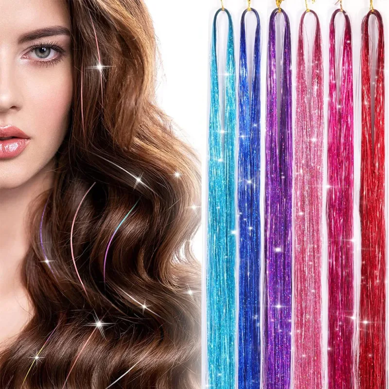 6Pcs/set Sparkle Shiny Hair Tinsel Hair Extensions Dazzles Women Hippie for Braiding Headdress Hair Braiding Tools Long 60cm