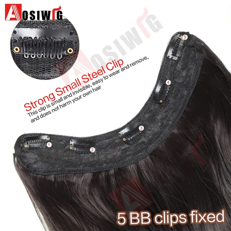 20Inch Synthetic Long Wavy Curly 5 Clip in Hair Extension Fashion Invisible V-shaped Heat Resistant Black Hairpiece for Women