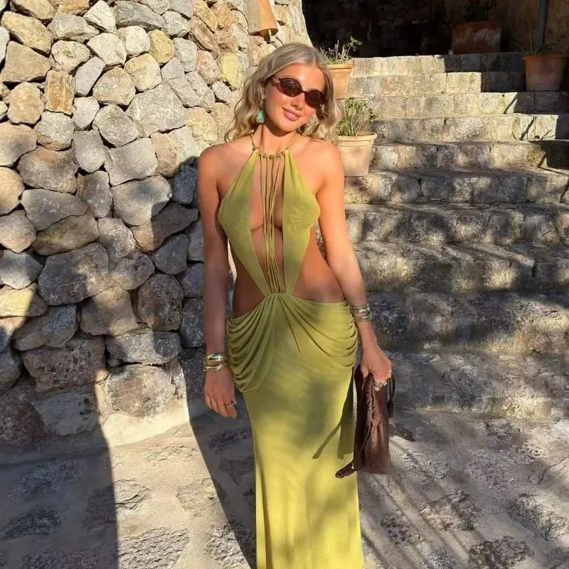 Sexy Deep V Metal Trim Spaghetti Strap Ruched Maxi Dress Cutout Crisscross Backless Slim Luxury Dresses Beach Vacation Evening