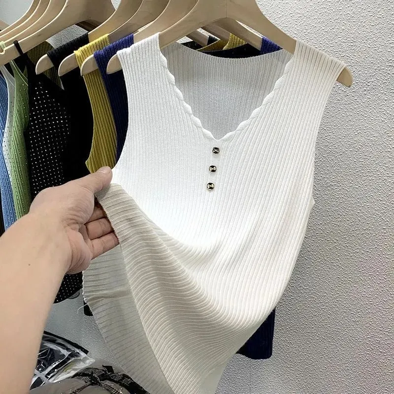 Ice Silk Knit Cami Top Women V Neck Sleeveless Slim Fit Elegant Tank Top Summer Outerwear Blazer Inner Layering Fashion Vest