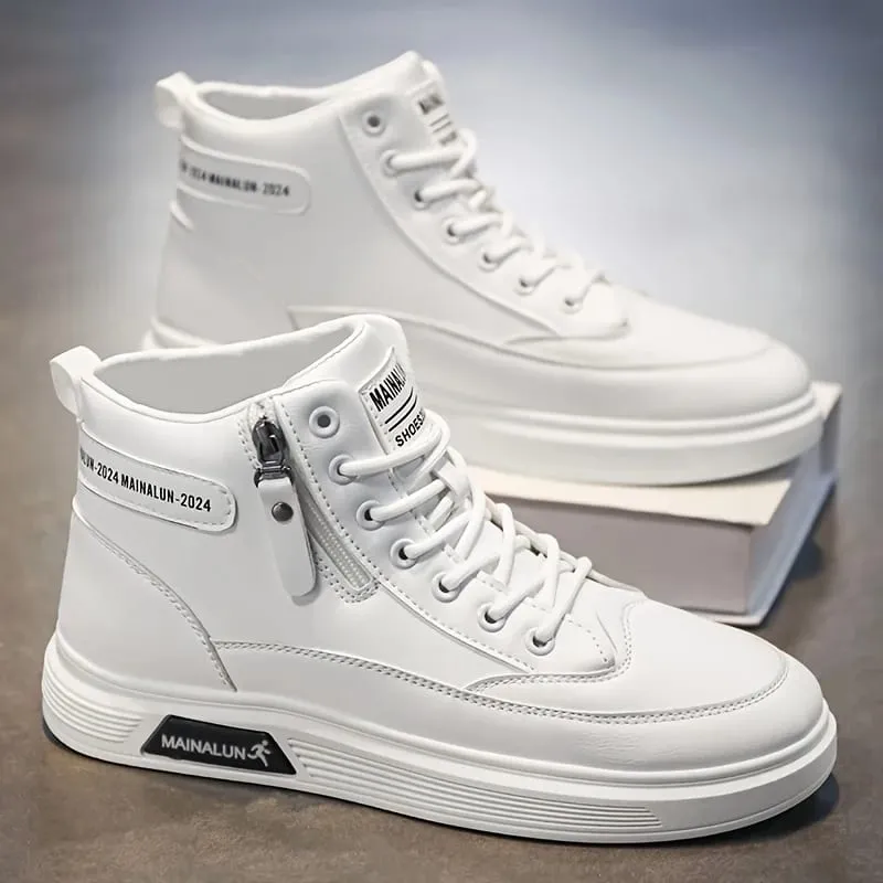 High-Top Sneakers for Men Designed for All Seasons Featuring a Non-Slip PU Sole And a White Laceless Design Suitable for Urban