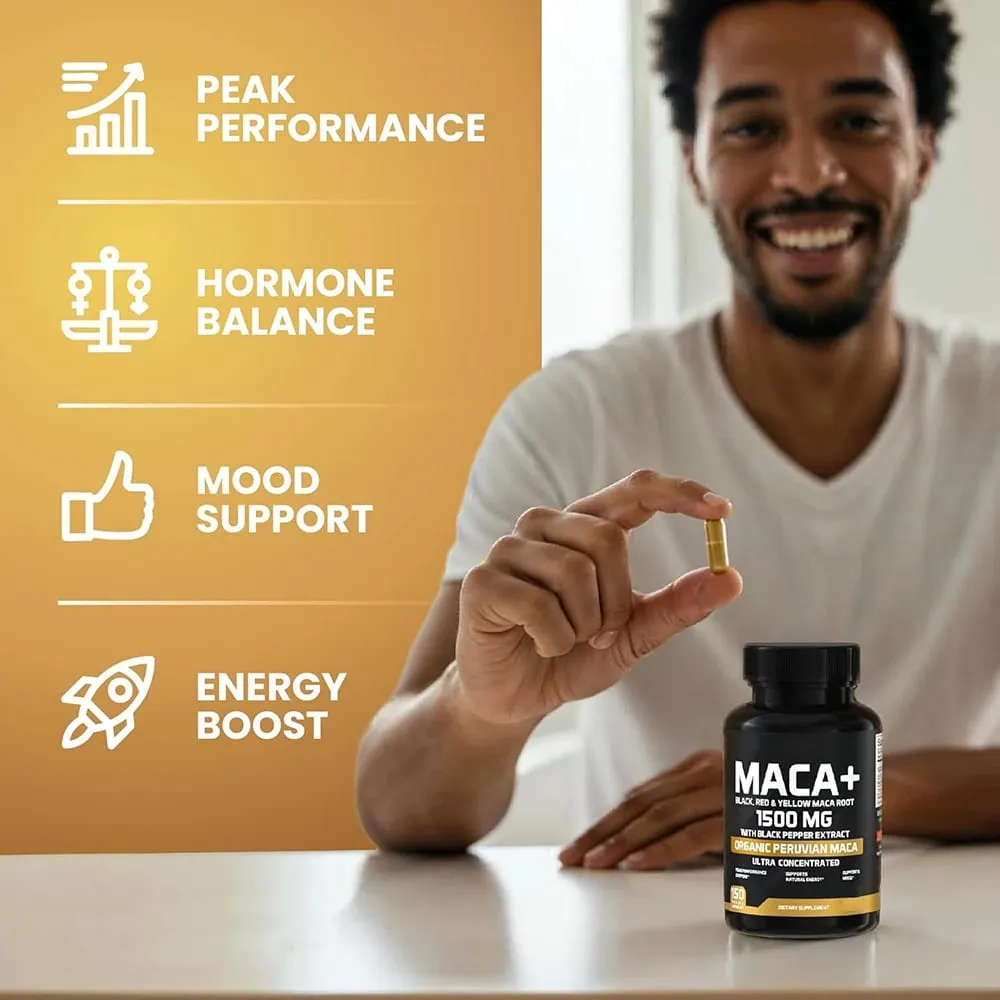 1500mg Organic Maca Root Black Red & Yellow - 60 Capsules - Black Maca Root Capsules for Men Supplement - Non-GMO Gluten-Free