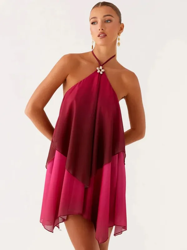 Mozision Gradient Halter Backless Sexy Mini Dress Women Gown Elegant Mesh Zipper Off-shoulder Sleeveless Club Party Dresses — image 7