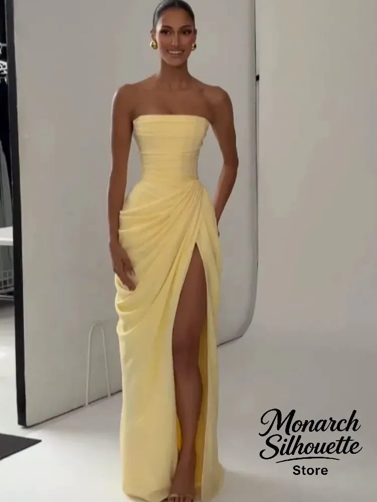Elegant Yellow Strapless Pleated Long Dress Women Chic Solid Sleeveless Waist Cinching Split Gown 2026 Lady Evening Party Robes — image 4