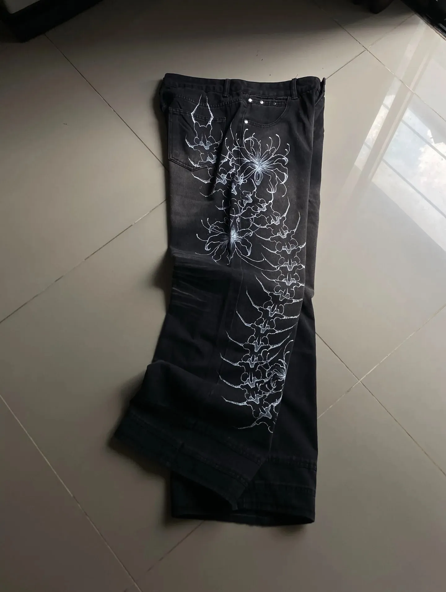 Y2K Vintage Gothic High Street Denim Black Wash Gradient Spine Spider Lily Print Wide Leg Jeans
