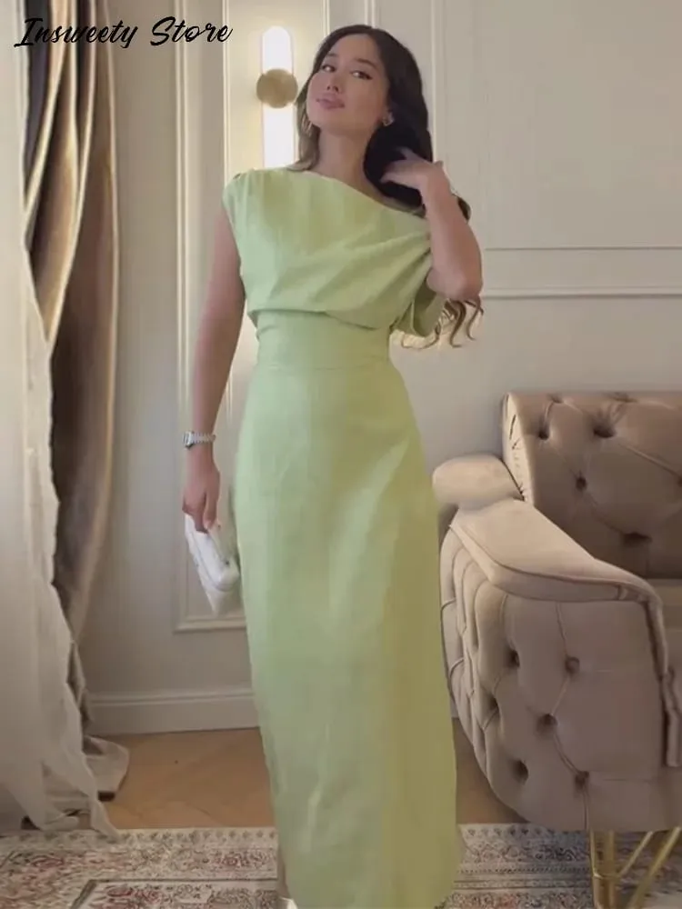 Elegant One Shoulder Solid Dress Women's Waist-cinching Side Split Ankle-length Dresses 2026 Summer New Lady Casual Cozy Robes — image 3