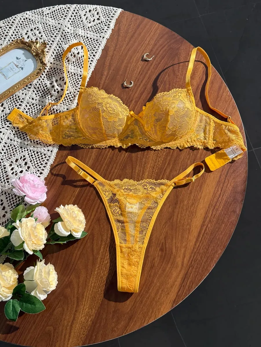 Yellow Lace Floral Ladies' Ultra-Thin Bra Set 2-Piece Combo with Bra And Underwear for Comfortable Undergarment Wear — image 1