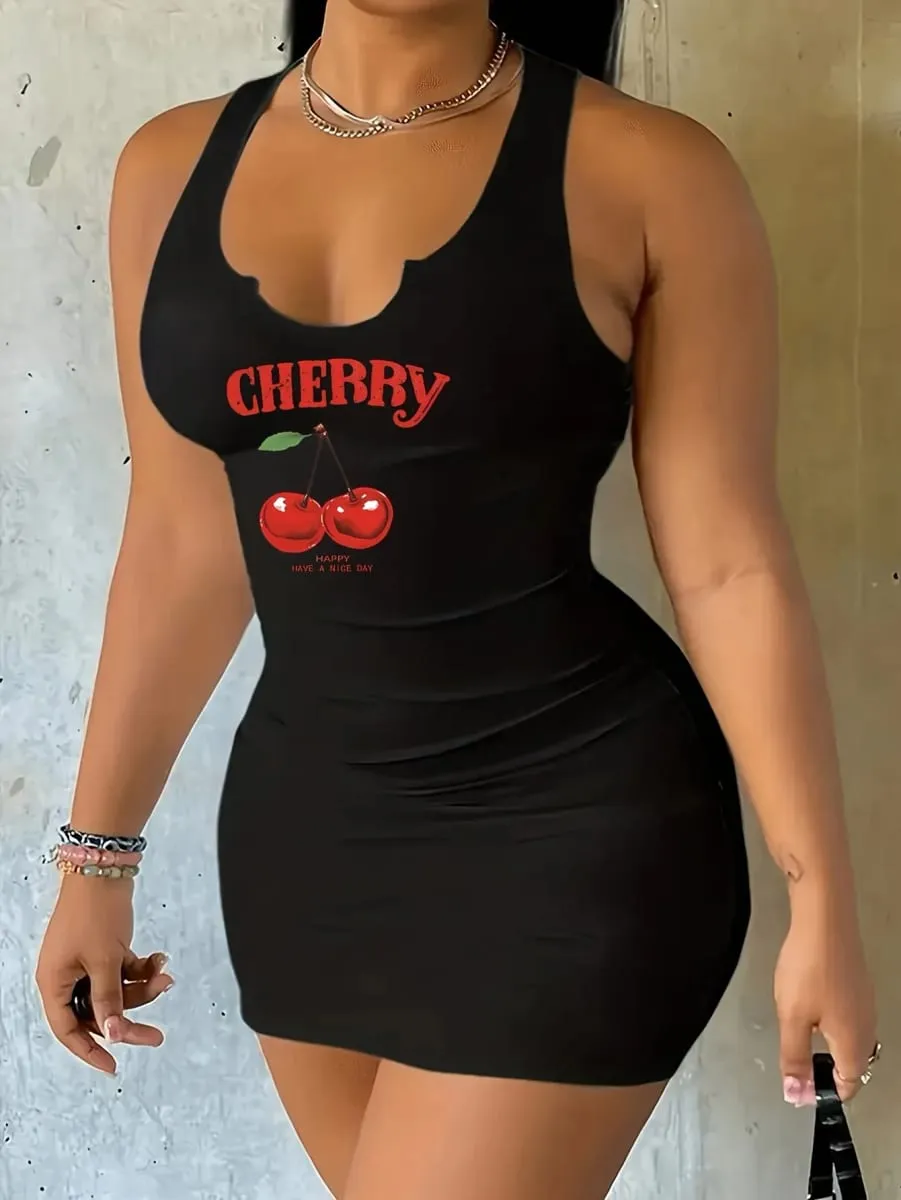 2026 Casual Sexy Cherry Print Round Neck Vest Dress Spring and Summer Casual Sleeveless Tight Fitting Dress Women's Dress