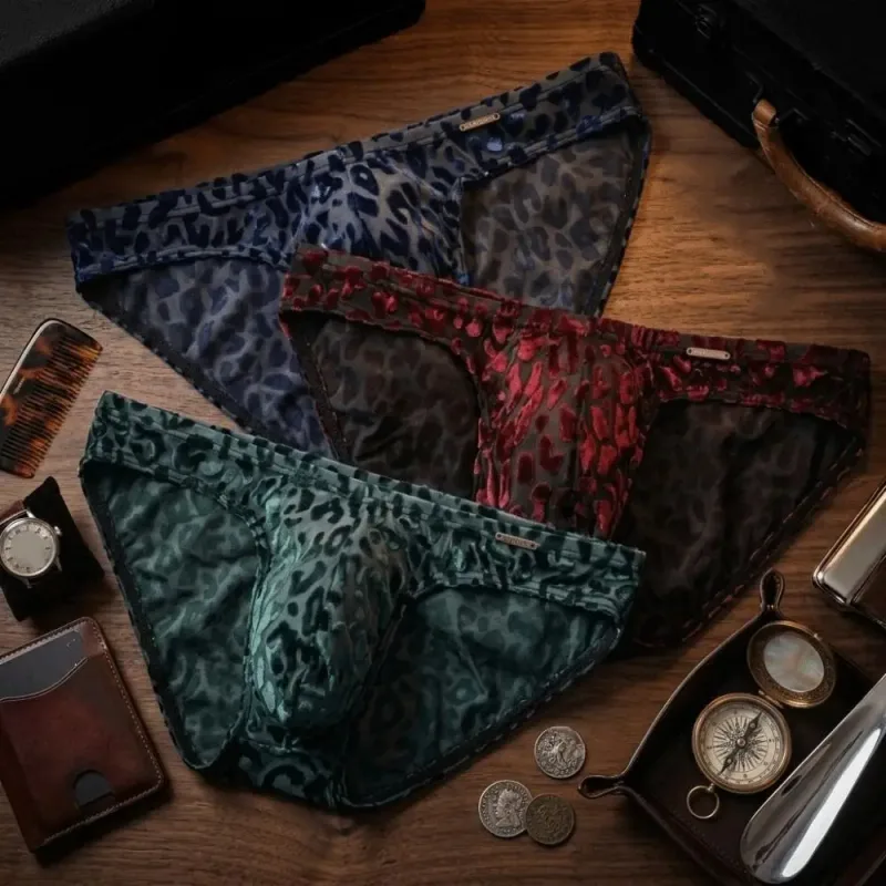 Comfortable Ice Silk Men Briefs Mesh Low Waist Sheer Underwear Convex Pouch Transparent Leopard Print Panties Date Night