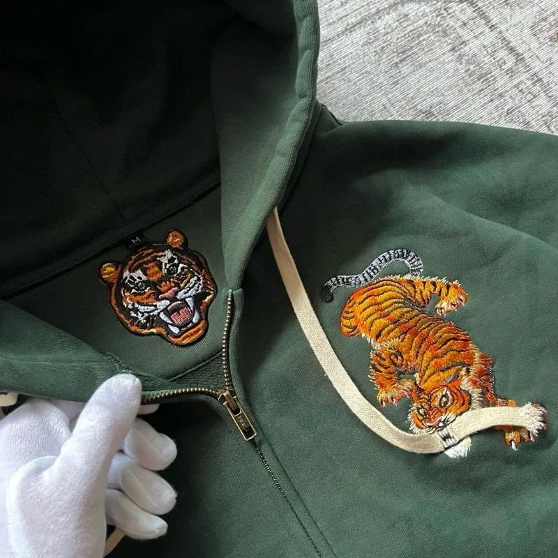 Dark Brown Full Zip Hoodie Double Men Wolf Embroidery Drawstring Pocket Oversized Y2K Grunge Vintage Street Zip Up Sweat Jackets