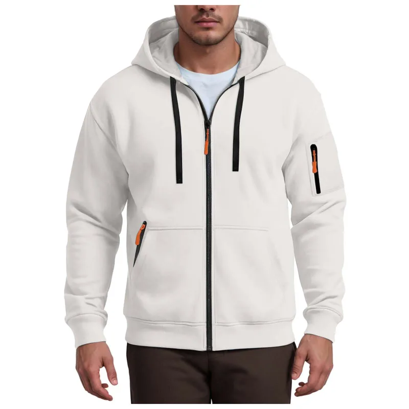 Men's Hoodies Solid Color Loose Zip Up Jacket Arm Zipper Pocket Hoodies Sand Hoodie Men