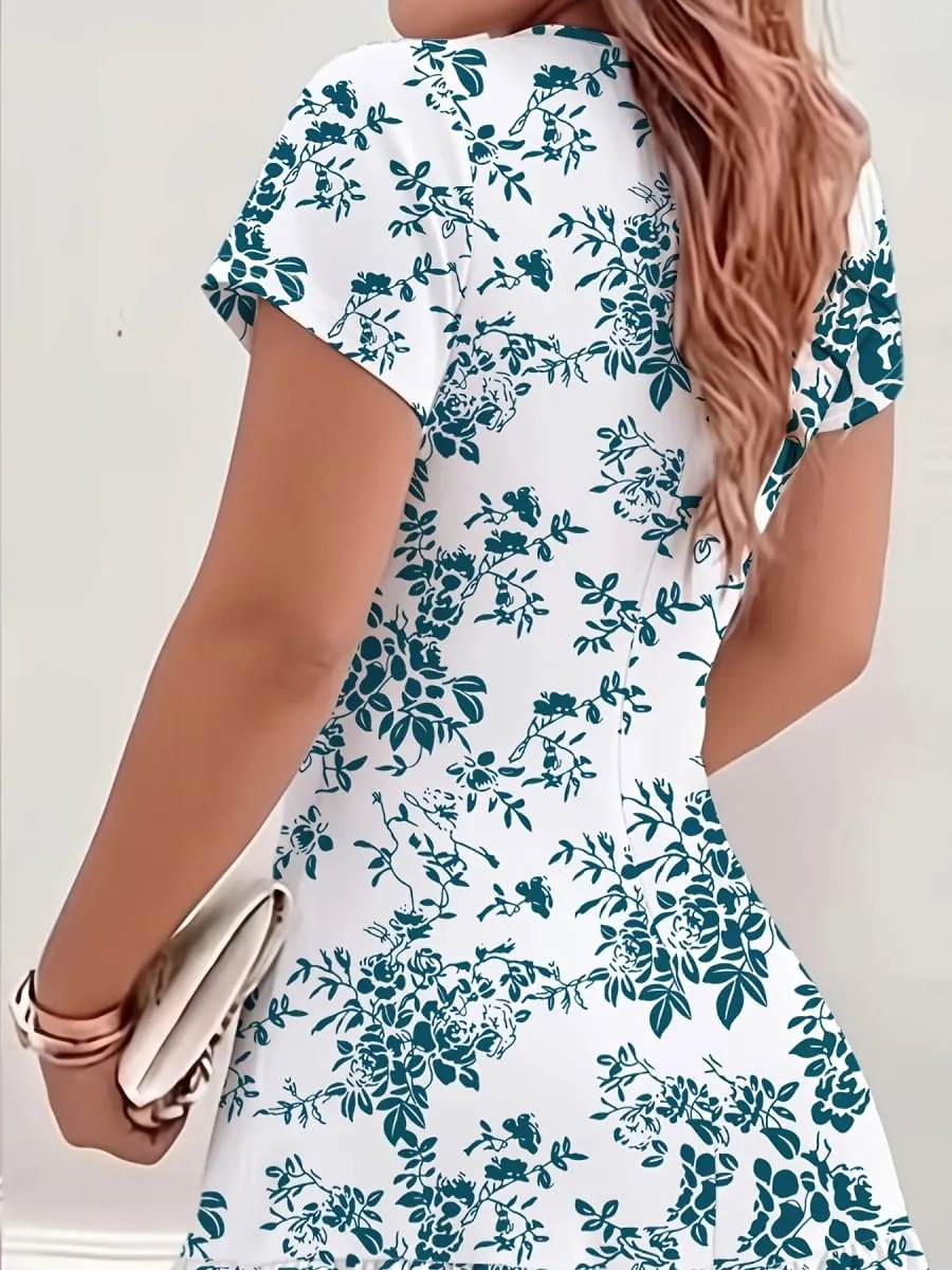 Summer Mid-Length Dress with Round Neck Casual Floral Print Short Sleeves and Ruffled Hem