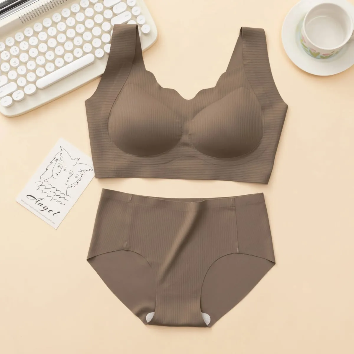 3 Sets Ribbed Wireless Wide Strap Bra & Matching Seamless Brief Lingerie Sets