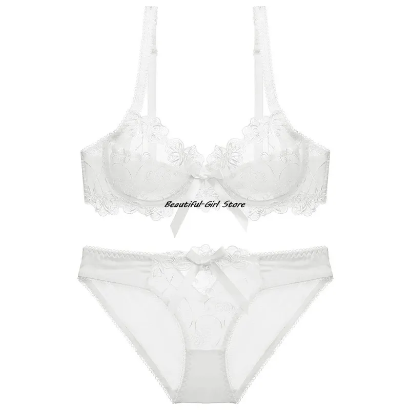 Lace Push Up Bra Set Breathable PantiesThin Mesh Cup Transparent Behalf Lingerie Bow Embroidery Flora Soutien Gorge