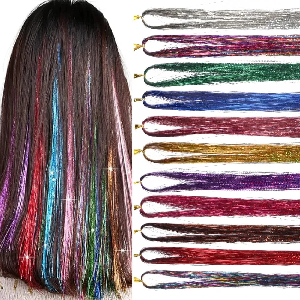 3pcs/pack 120cm Multicolor PET LLaser Hair Tinsel Strands Metallic Hair Extensions for DIY Party Cosplay Hair Decor Accessories