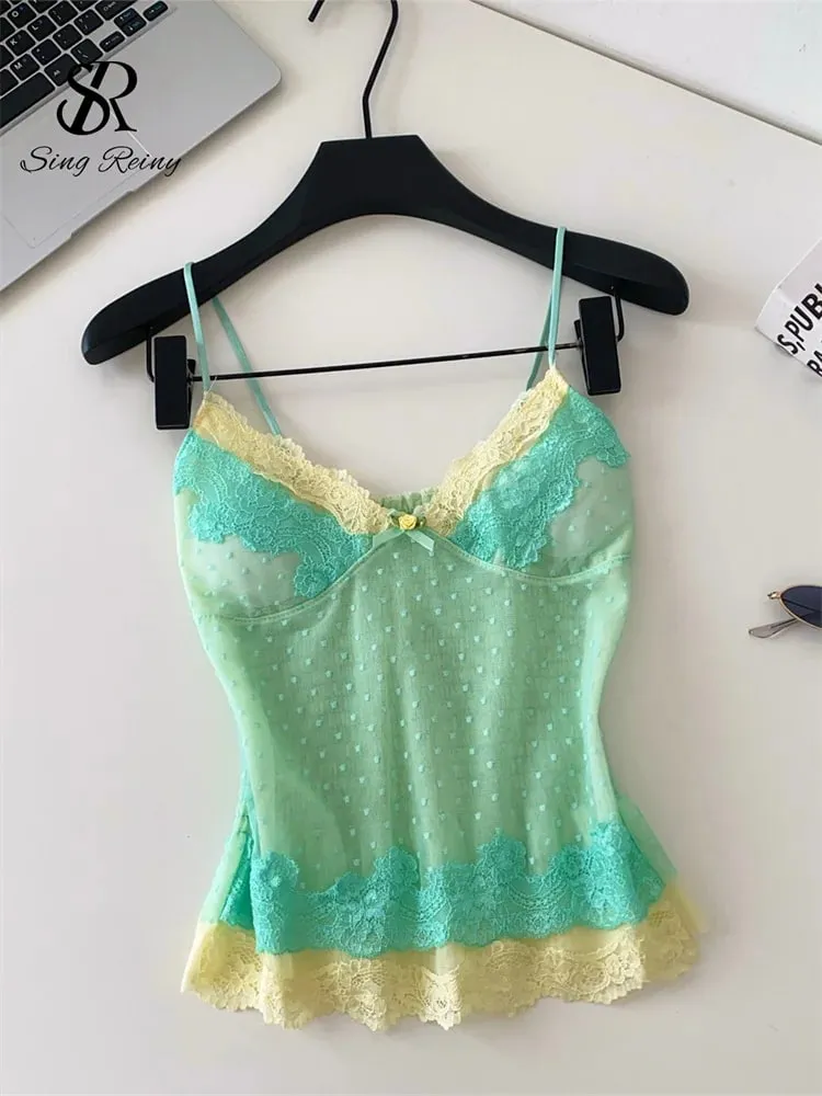 Polka Dot Mesh Lace Top French V Neck Shirred Stretchy Slim Backless Female Tank Top Summer Y2K Sensual Lazy Camisole