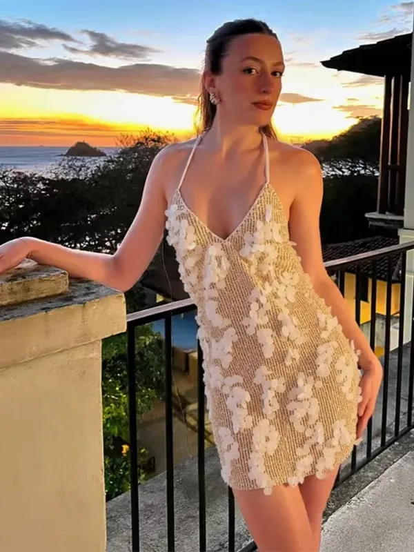 Women Solid Sequin Mini Dress Halter Neck Deep V Neck Bodycon Sleeveless Sparkly Vestidos Formal Club Party Cocktail Dresses New