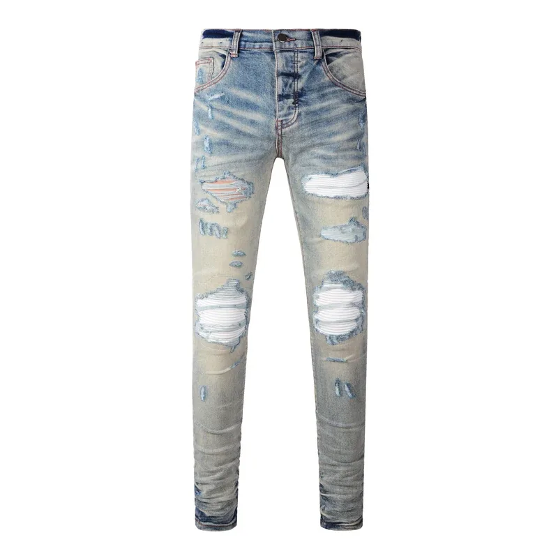 Fashionable New Men's Retro Blue Jeans With Pleated Elastic Perforated Blue Leather Patch Tight Tapered Pants Y2K
