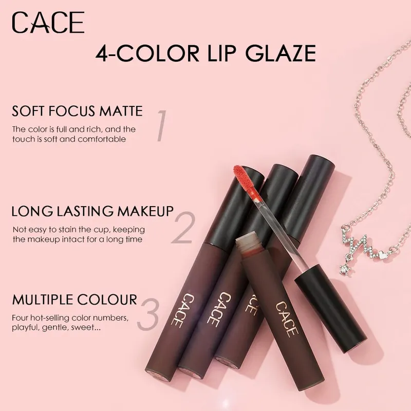 4 Pcs Liquid ลิปสติกแต่งหน้าชุด Matte Red Tint Lipgloss ยาวนาน Lip Stain เครื่องสำอางพร้อมสร้อยคอของขวัญ