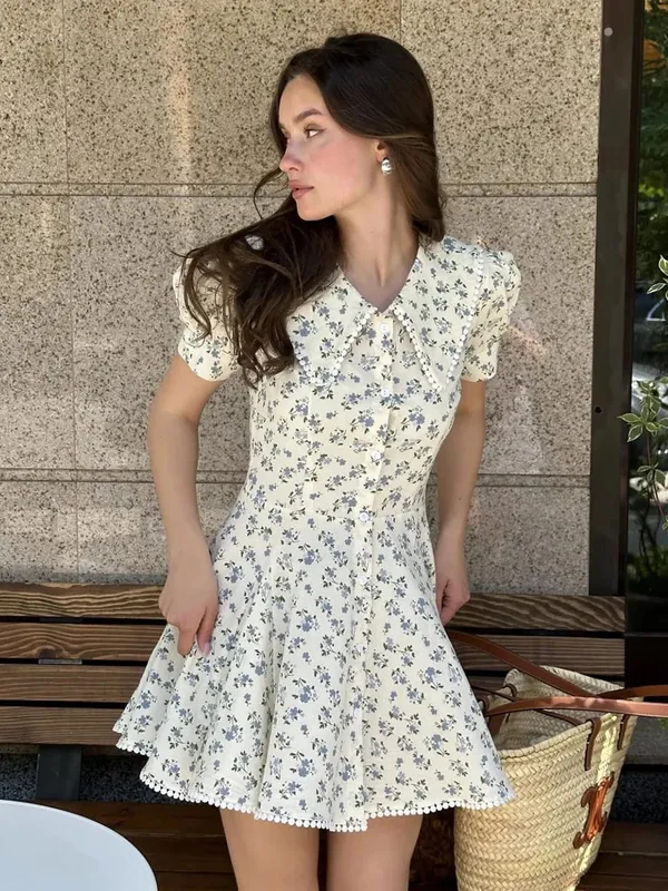Bornladies 2026 Summer New Floral Short Sleeve Dress Women's Elegant Slim Fit Sweet Button Front Puff Sleeves Mini Dress