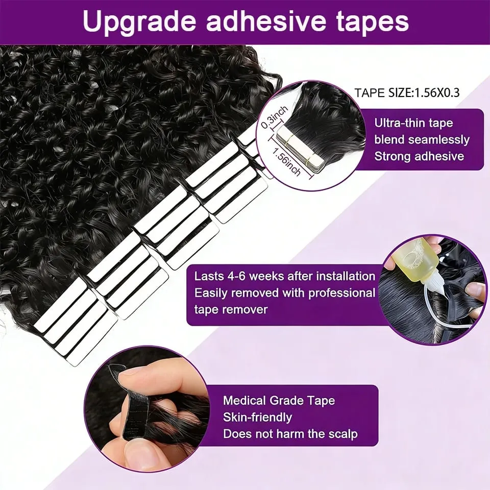 Curly Tape in Hair Extensions 100% Brazilian Human Hair Deep Wave Adhesive Tape in Extensions Human Hair Natural Black For Women