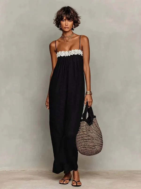 Women's Summer Boho Maxi Dress Spaghetti Strap Lace Patchwork Loose Beach Sundress Casual Vacation Long Dresses