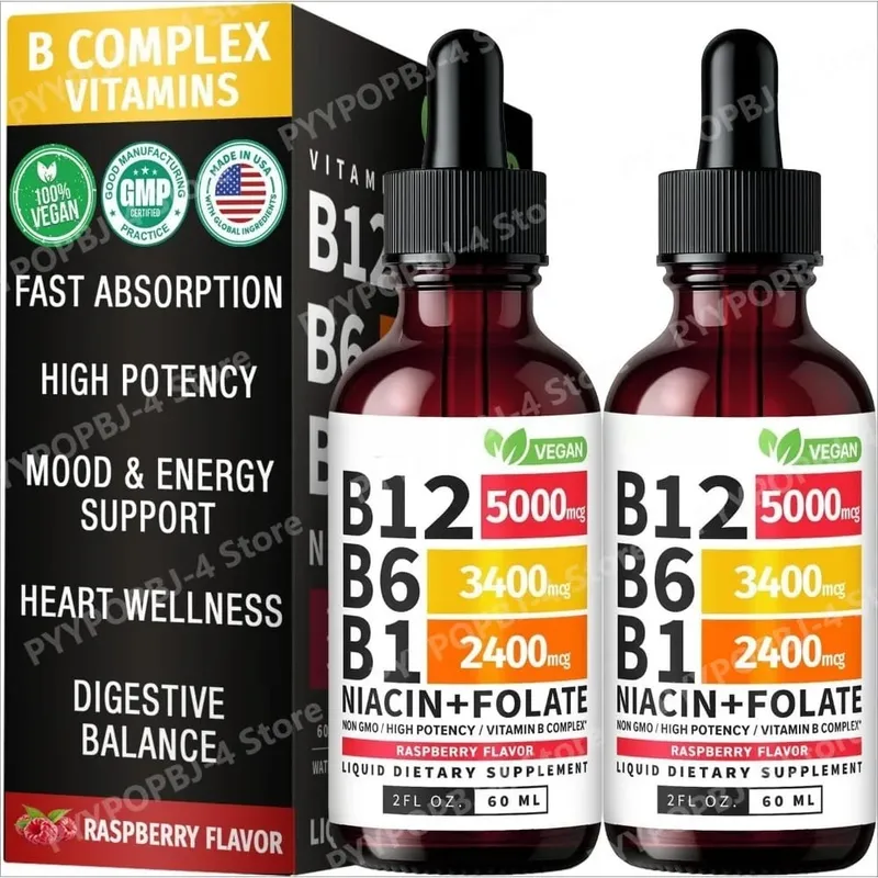 Vitamin B12 B6 Liquid Drops 60ml B Complex with B1 Niacin Folate Raspberry Vegan Daily Wellness Supplement 40 Servings Adults