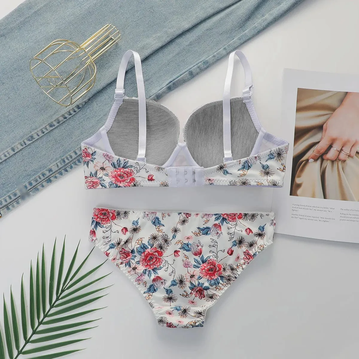 Women Floral Print Bra and Panty Set Push Up Underwire Lingerie Set Sexy Comfort Full Cup Bras and Brief for Everyday