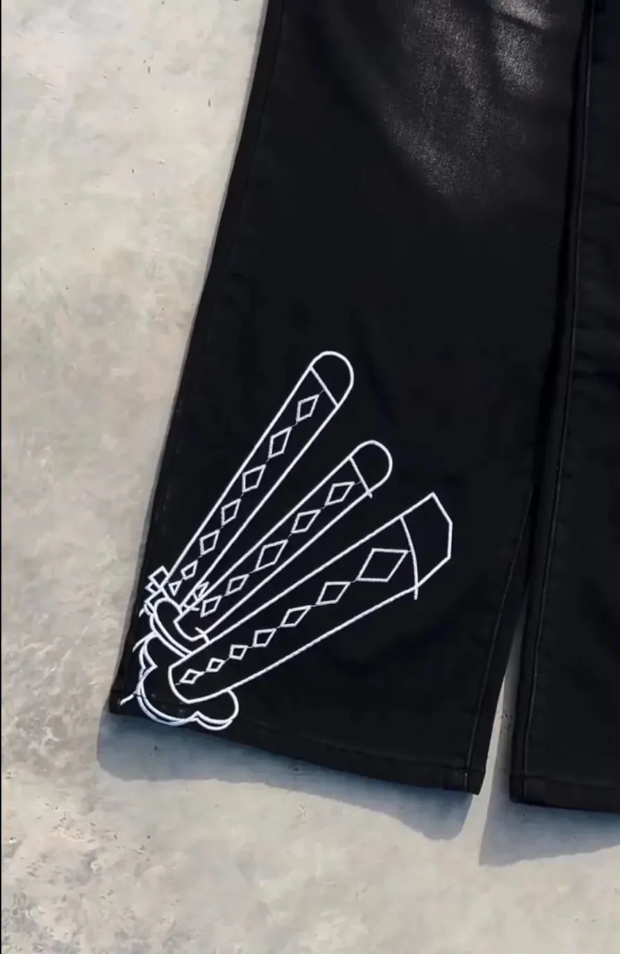 Vintage Japanese Cartoon Embroidery Men Hip Hop Jeans Y2k Retro Baggy Straight Denim Pants Streetwear Gothic Rock Work Jeans